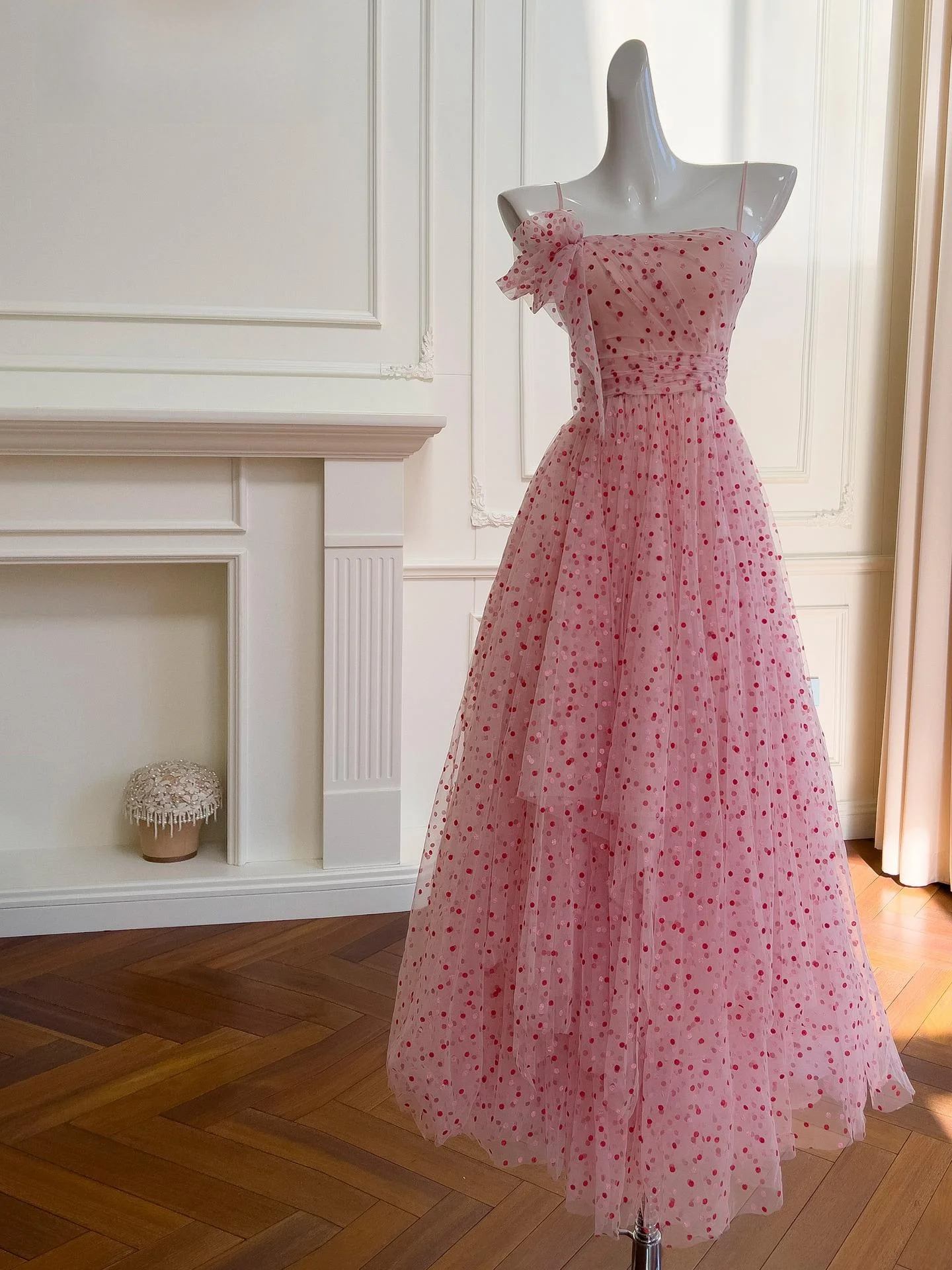 Vestido largo de tul rosa dulce Ele Strapl Dr, tela de mezcla de lana bordada de cintura alta, temporada de otoño, Faion Ladies Dr