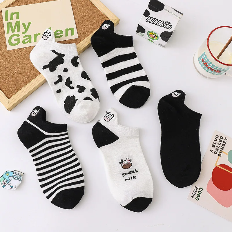 1/5/10 Pairs Women Summer Spring No Show Socks Japanese Fresh Cow Pattern Cotton Black White Embroidery Low Cut Ankle Socks