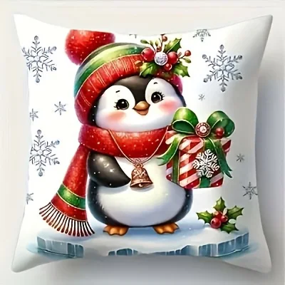2D FLAT-1/4pcs Christmas Cute Penguin Pillow Covers Sofa chair farmhouse holiday decoration cushion cover