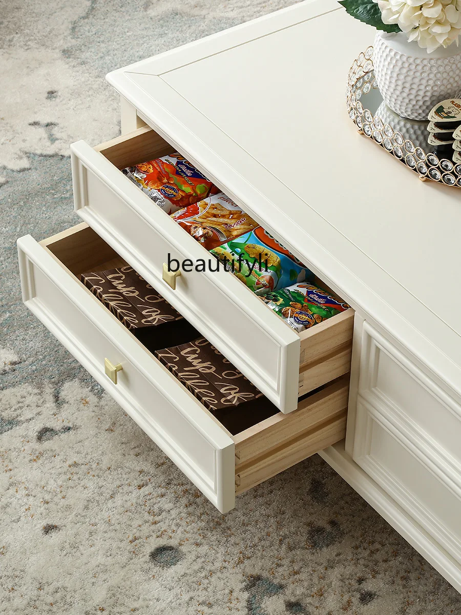 Luxury Solid Wood Living Room White Coffee Table TV Cabinet Combination So Easy So Beauty Storage Six-Drawer Coffee Tea Table