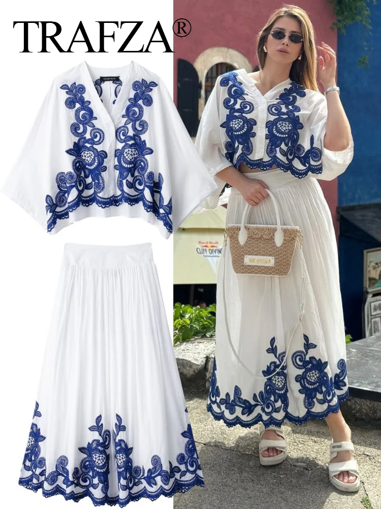 TRAFZA 2024 Woman Embroidery Shirt Midi Skirt Sets Casual Shirt Top + A-Line High Waist Chic Elegant Pleated Long Skirt Outfit