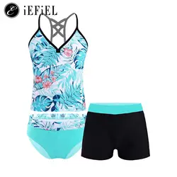 Kids Girls 3 Pieces Tankini Set Swimsuits Floral Printed Bikini Tops with Booty Shorts Bottoms Summer Swimwear Bathing Suit