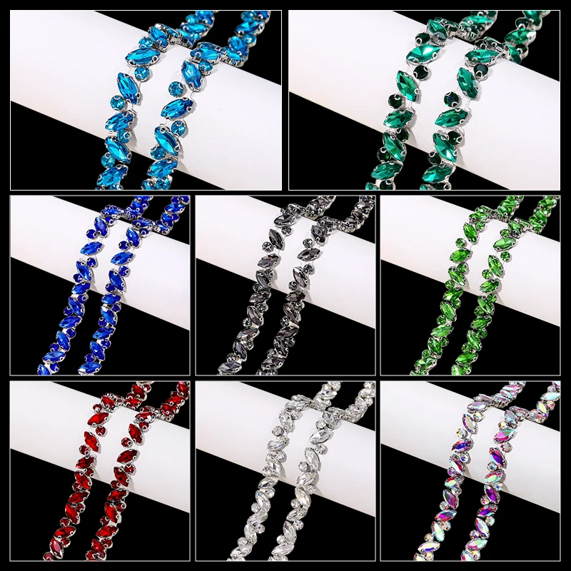 

1Yard 8color Horse Eye Glass Rhinestone Chain Trim Glitter Hotfix Crystal Gem For Holiday Dresses Trousers DIY Decoration Chain