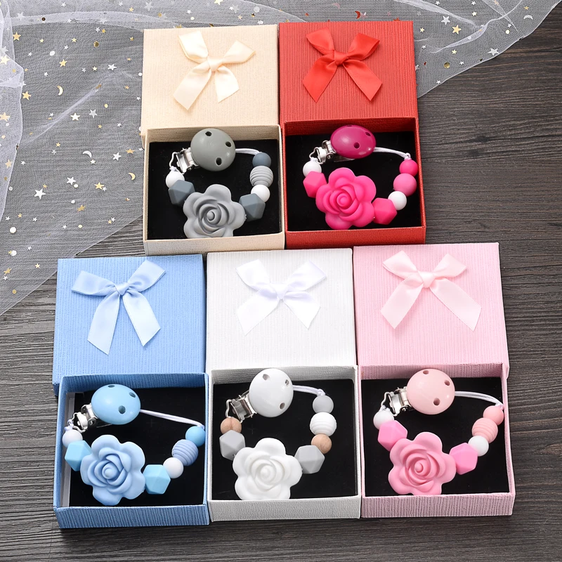 Baby Pacifier Clip Chain Gift Boxed Silicone Flower Shape Beaded Nipple Chain Anti-Drop Appease Dummy Holder Chain Nursing Toy