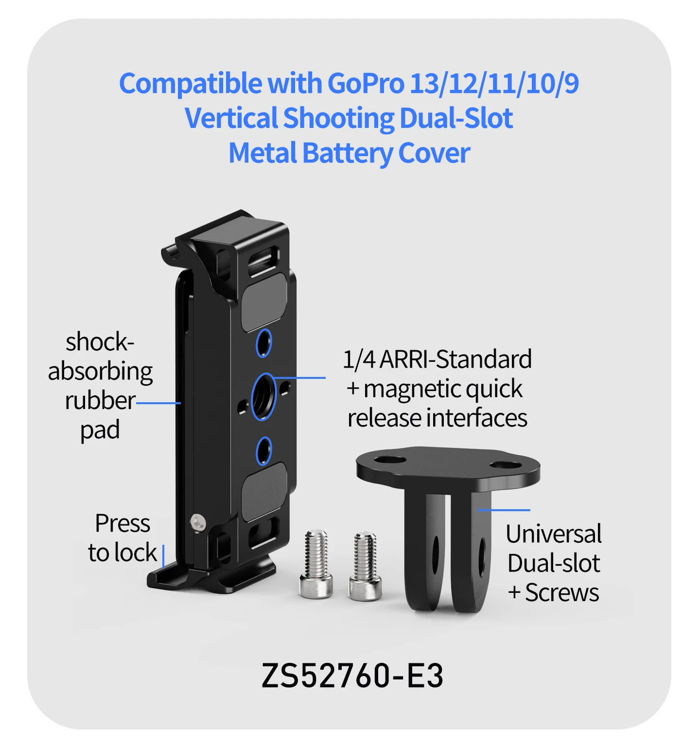 Metall-Seitenabdeckung Batteriefach für GoPro 13 12 11 10 9 Einfach Abnehmbar Staubdicht Magnetisch Schnellverschluss 1/4" Schraubmontage-Set – Detail 4