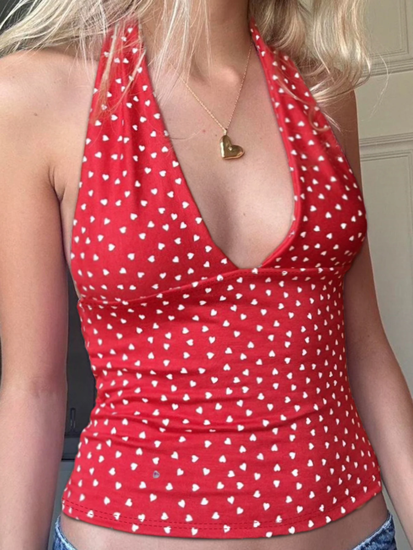 Fashion Y2k Sweet Halter Women Tanks Skinny Sleeveless Print Hotsweet V-Neck Backless Blouses image 3