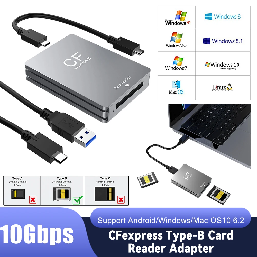 

CR346 CFexpress Type-B адаптер для чтения карт из алюминиевого сплава 10 Гбит/с портативные адаптеры для быстрой передачи поддержка Android/Windows/OS