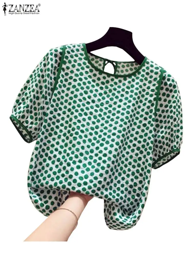 ZANZEA Casual Loose Women Blusas Mujer 2024 Summer Stylish Tied Back O Neck Puff Sleeve Tunic Tops Polka Dot Elegant Blouses