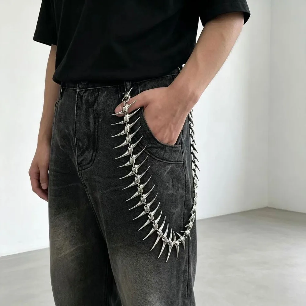 Punk Metal Waist Chain Spike Fishbone Body Jewelry Jean Pant Chain Skull Charm Belt For Men