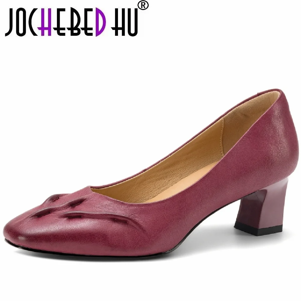 

【JOCHEBED HU】НОВЫЕ женские туфли ручной работы из натуральной кожи, мягкие и удобные, с квадратным носком, на среднем каблуке, с неглубоким вырезом, размеры 34-40