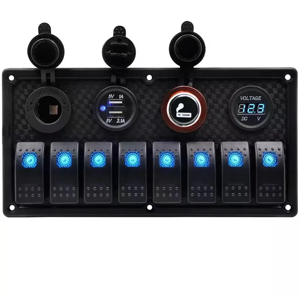 12V 8 Gang à prova d'água com carregador USB e soquete 3.1A iate RV carro barco painel de interruptor rocker marinho