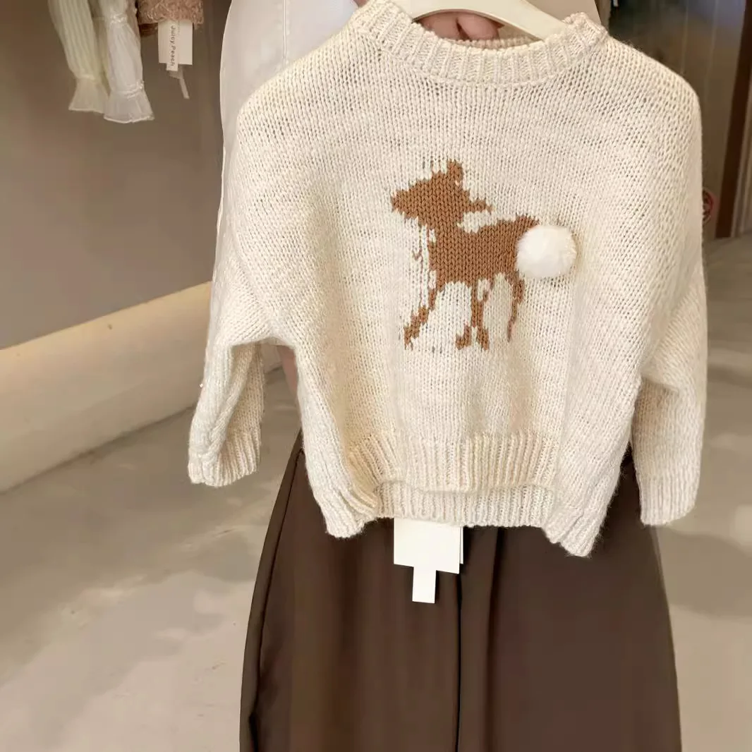 Girls Crewneck Sweater New Deer Pullover Sweater Fall 2024 Soft Waxy Loose Pullover Top Korean Simple Style Fashion Sweater