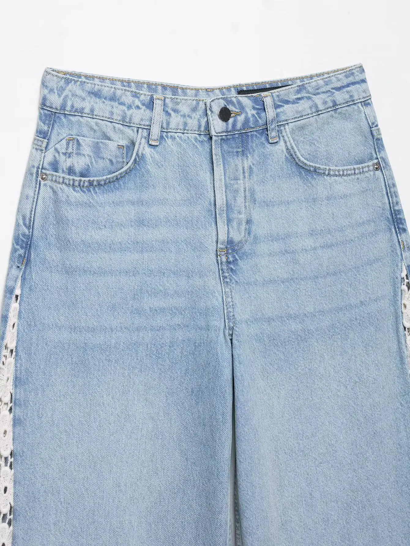 ハイウエストワイドレッグウォッシュドブルーパンツ レディース レースホローアウトパッチワークジーンズパンツ ロングトラウザーズ レディース 秋 ヴィンテージデニムパンツ