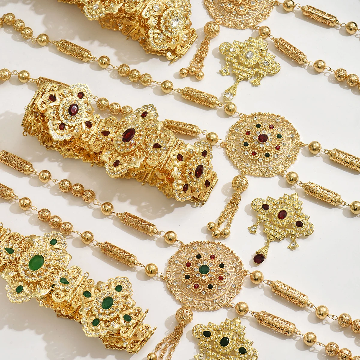 

Chic Morocco Bride Wedding JewelryThree-Piece Sets For Women Metal Caftan Belt Crystal Shoulder Chest Chain Brooch Gold Color