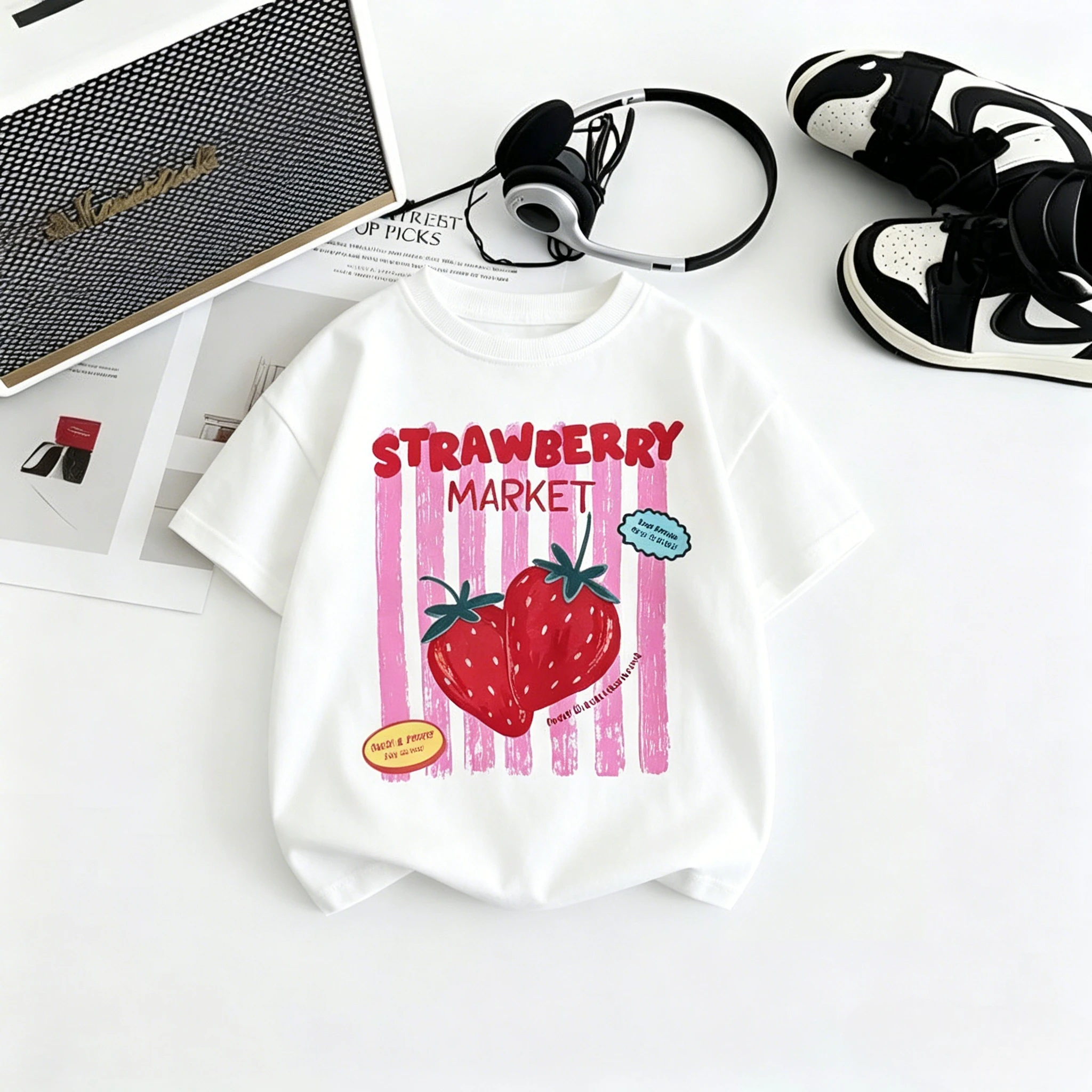 2026 Hot Sale Kids Short Sleeve T Shirt With Strawberry Tomato And Lemon Prints Loose Thin Style Soft Fabric Casual Tees Kid Top