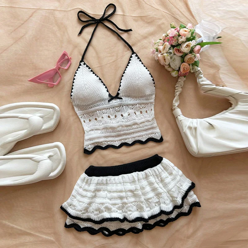 Set Rok Atasan Rajutan Seksi Wanita Atasan Pelangsing Punggung Terbuka Tanpa Lengan Leher V Dalam Rok Dua Lapis A-line Pakaian Pantai Musim Panas