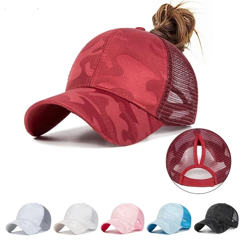 2023 Women Summer Ponytail Baseball Cap Cotton Camouflage Print Mesh Hat Adjustable Sports Golf Hat Girl Outdoor Casual Sun Hat