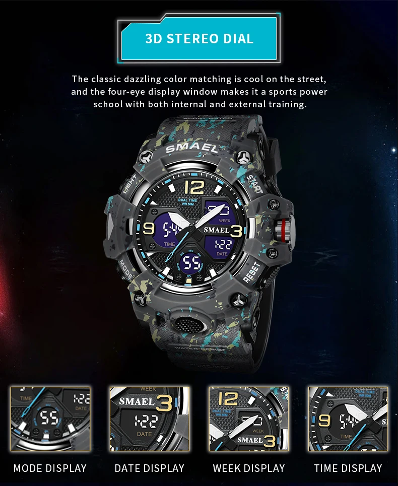 SMAEL Brand Men Sports Watches Dual Display Analog Digital LED Electronic Quartz Wristwatches Waterproof Swimming Military Watch