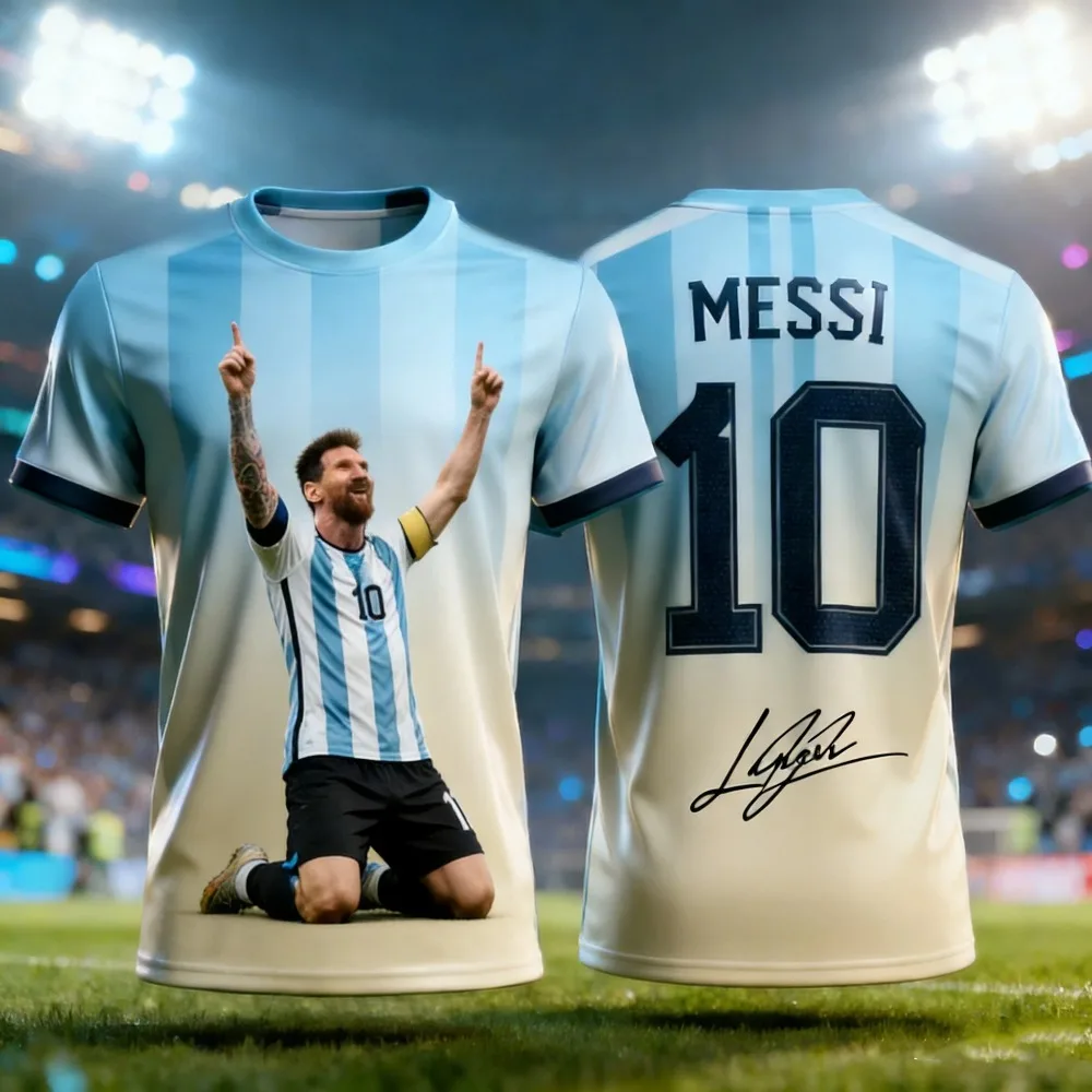 Kinder-Fußball-Sport-T-Shirt mit Messi 3D-Druckmuster. Perfekt für Sommermode, schnelltrocknend und atmungsaktiv.