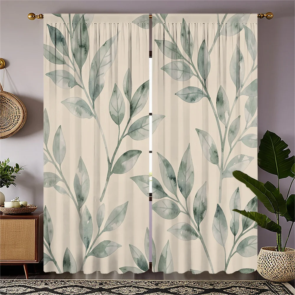 Aesthetic Watercolor Botanical Leaf Curtains Green Tropical Pattern Window Drapes for Living Room Home Decor Privacy Panel