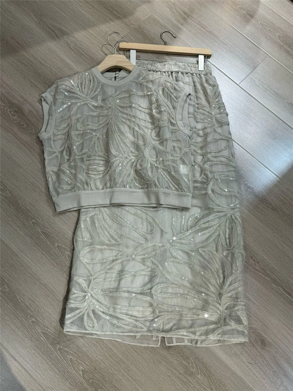 Heavy Beaded Embroidery Silk Sleeveless Short Top Mid-Length Half Skirt Suit