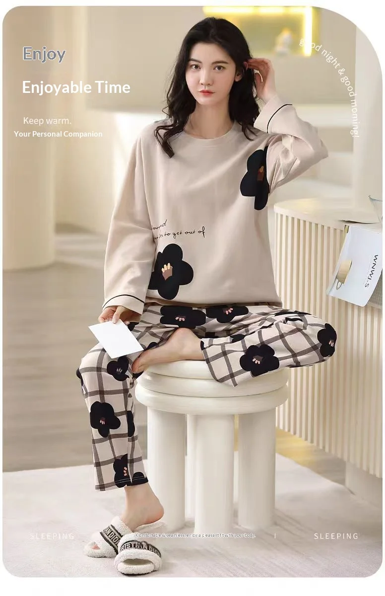 Damen Frühling/Herbst Pyjama: Langarm-Loungewear-Set für Mädchen, Übergröße, Schlicht, Locker Sitzend, Leichtes Pyjama-Set – Detail 4