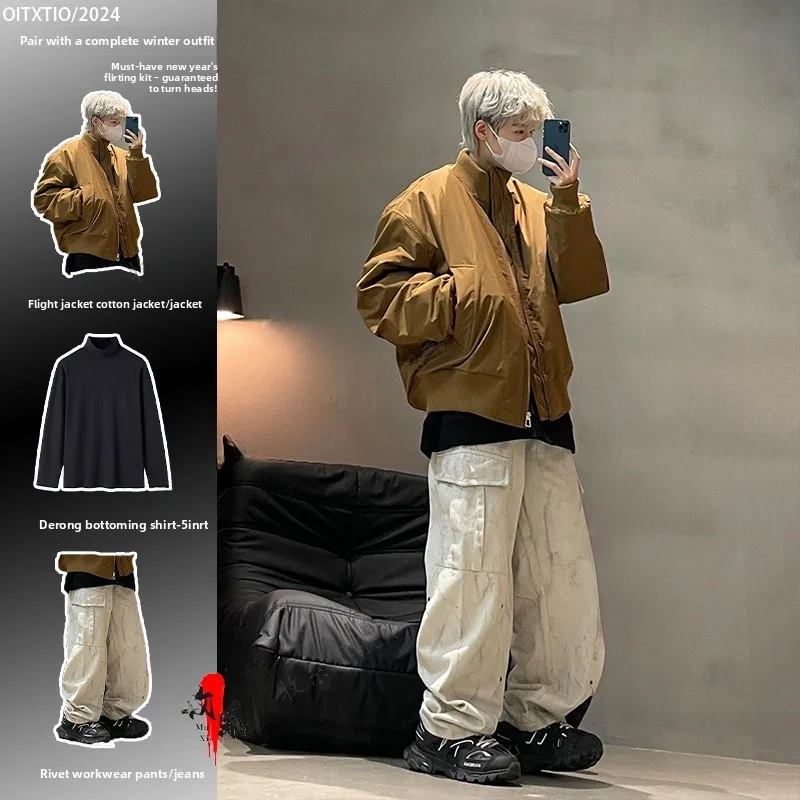 

ort Pilot Jaet Cotton Baseball Sle Men's Winter Faion High Street Whole Set Premium Feel Thiened Polyester Filling