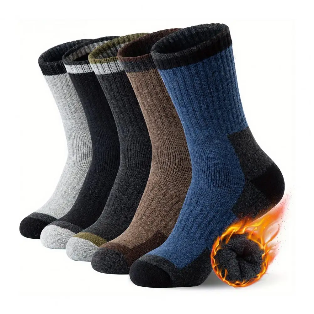 

Breathable Thermal Socks for Men Soft Polyester-cotton Socks Men's Winter Fleece Lined Crew Socks 5 Pairs Color Block for Daily