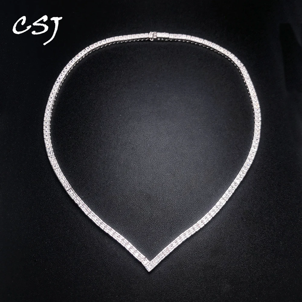 

CSJ 100% 925 Sterling Silver Tennis Chain Necklace 16/18 Inch Setting Pave SQ2.5mm Sparky Zircon for Women Party Jewelry Gift