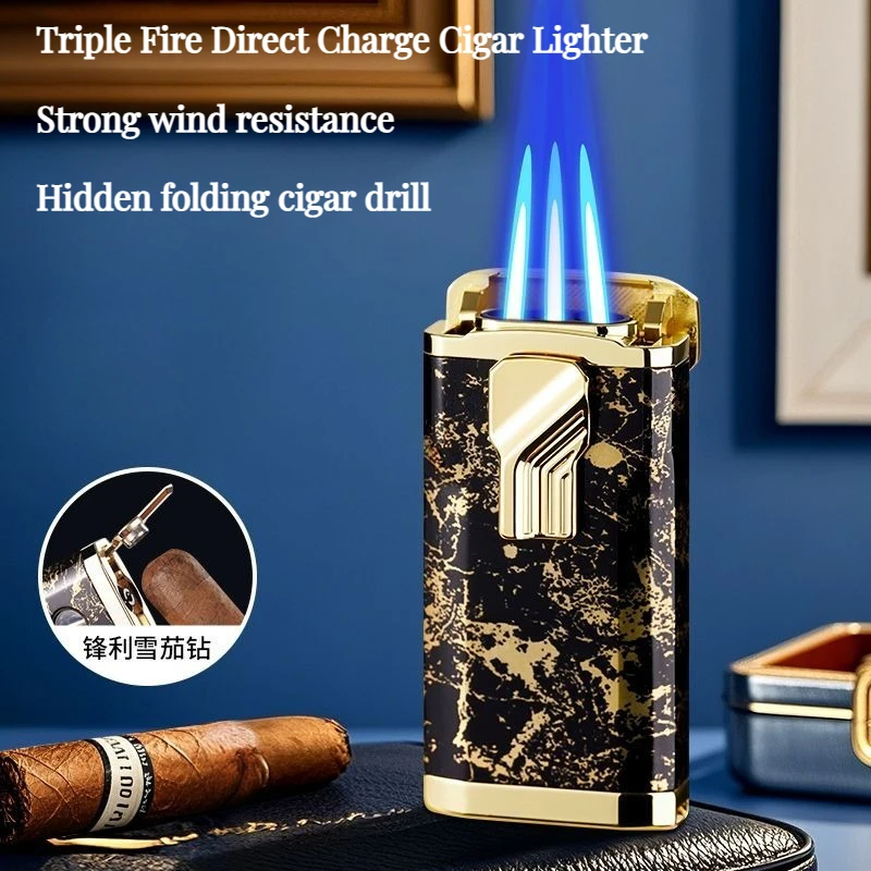 

New 3 Fire Direct Windproof Electronic Cigar High End Lighter Metal Transparent Skylight Cool Men's Cigarette Accessories