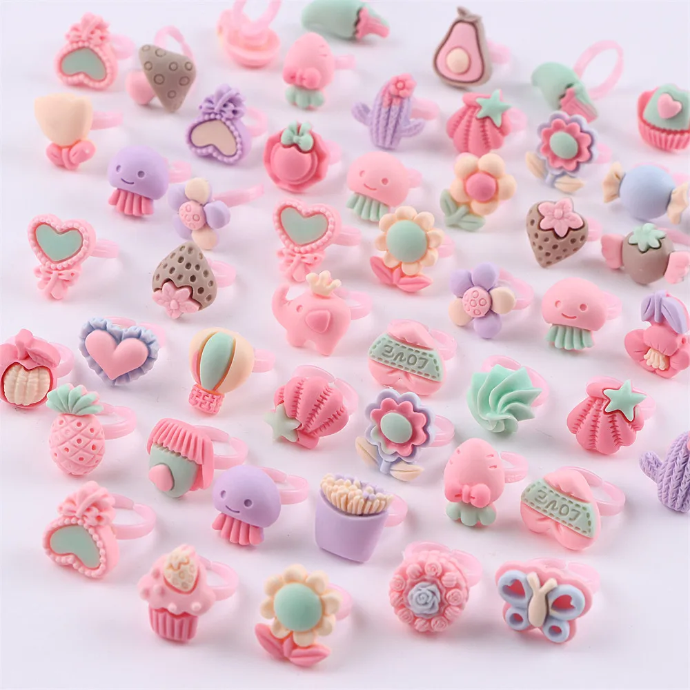 50/100 Pcs/Lot Children\'s Cartoon Resin Open Toy Jewelry Rings For Kid Girls Baby Mix Heart Flower Cake Cute Party Birthday Gift