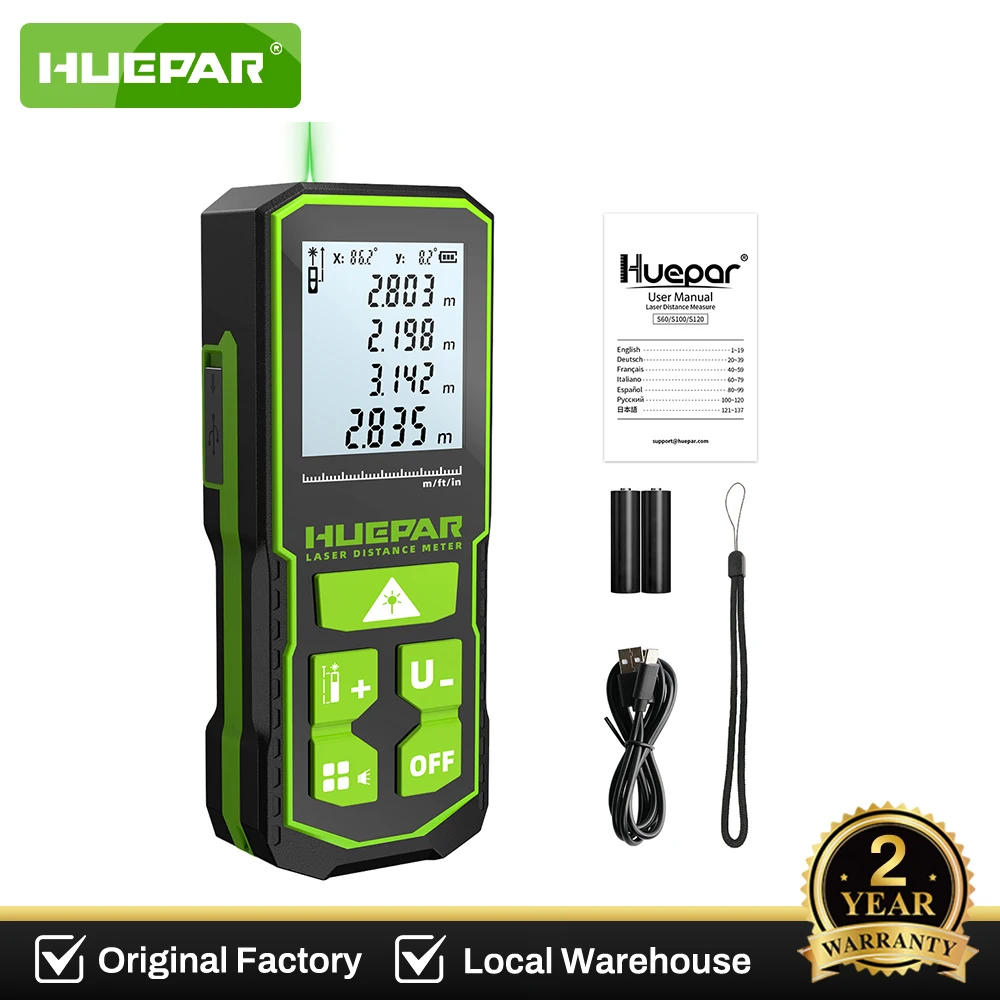 Huepar أداة قياس المسافة بالليزر مع مستشعر زاوية قابل لإعادة الشحن شعاع أخضر رقمي 60 متر 100 متر 120 متر محدد المدى بالليزر