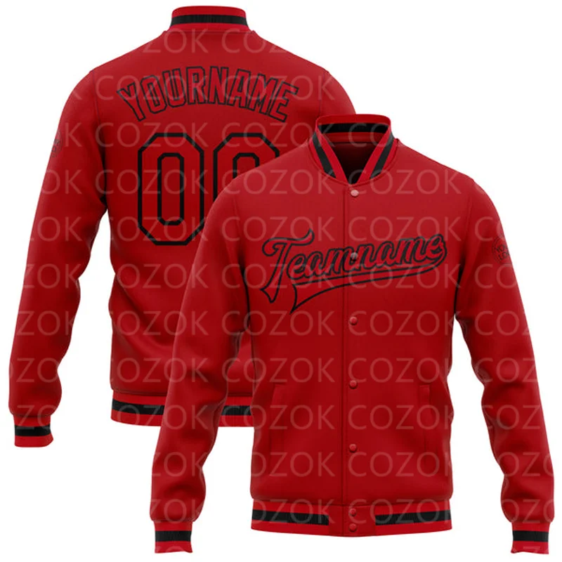 

Custom Red Black Color 3D Printed Baseball Button Jacket Bomber Full-Snap Varsity Letterman Jacket