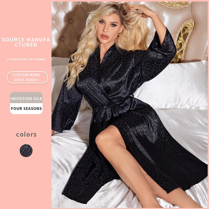 Sexy Black Leopard Long Robe Kimono Bathrobe Gown Spring Summer New Female Sleepwear Home Dressing Gown Loose Satin Loungewear