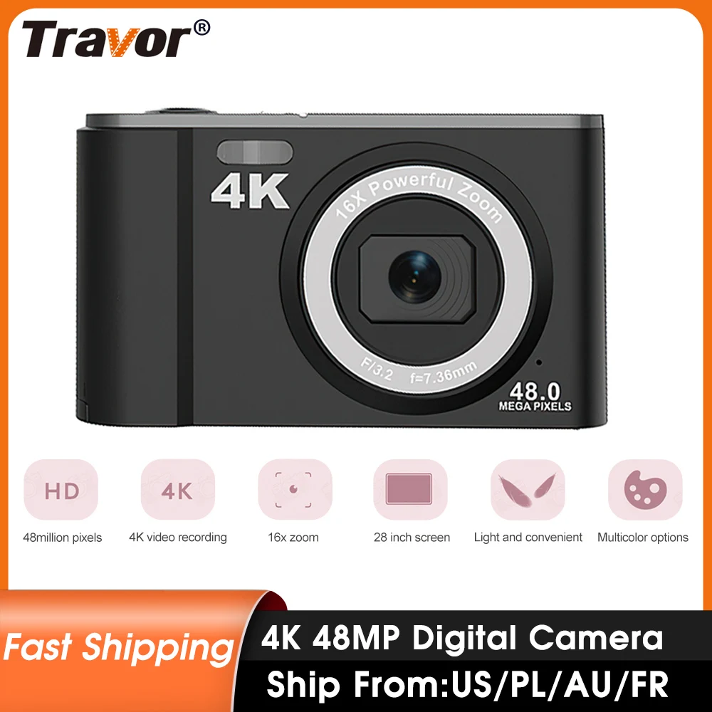 

Travor 4K Digital Camera 48MP 16X Zoom Auto Focus 2.8 Inch IPS Screen Anti-shaking Built-in Batteries Digital Cameras