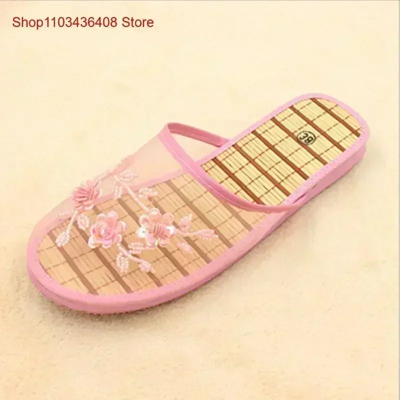 Womens Ladies Handmade Flowers Fashion Floral Slippers Slides On Flats Mesh Flip Flop Loafers Mules Fresh Breathable Home image 5