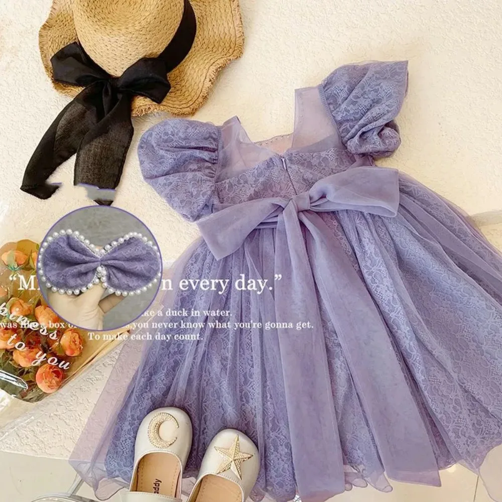 

Baby Girl's Princess Dress with Bubble Sleeves Summer Lace Purple Children's Birthday Dress for Girls