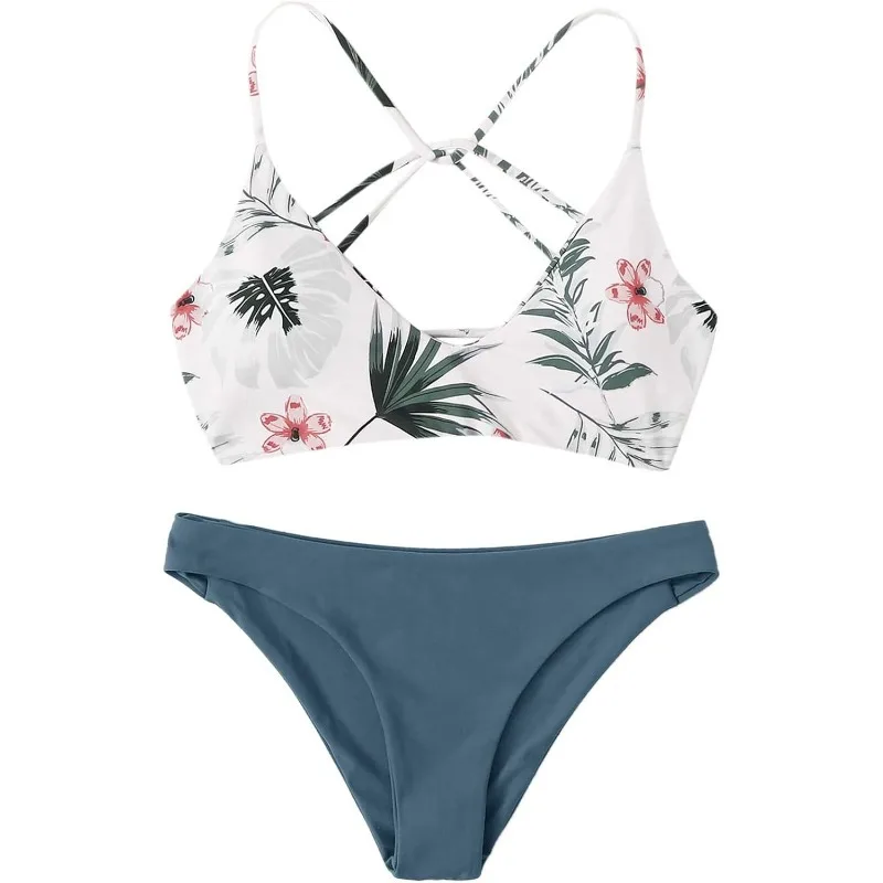 Sexy Women's Bathing Suit Floral Print Cross Back Bikini Set Push Up V Neck Split Swimwear Beachwear Fashion Summer Biquinis