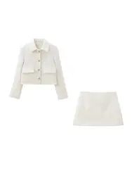 Women Fashion With Pockets Tweed Jacket Coat And High Waist Side Zipper Mini Skirt Female Two Piece Sets Mujer