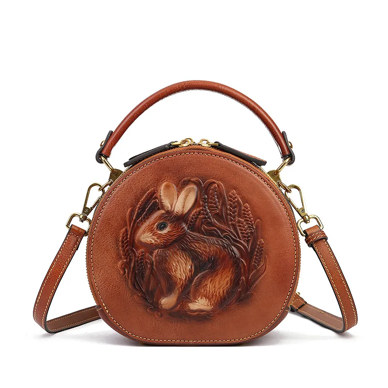 

Retro Style Cowhide Rabbit Pattern Women's Handbag Real Leather Bag Female Senior Sense Shoulder Bag Literary National Wind Bag