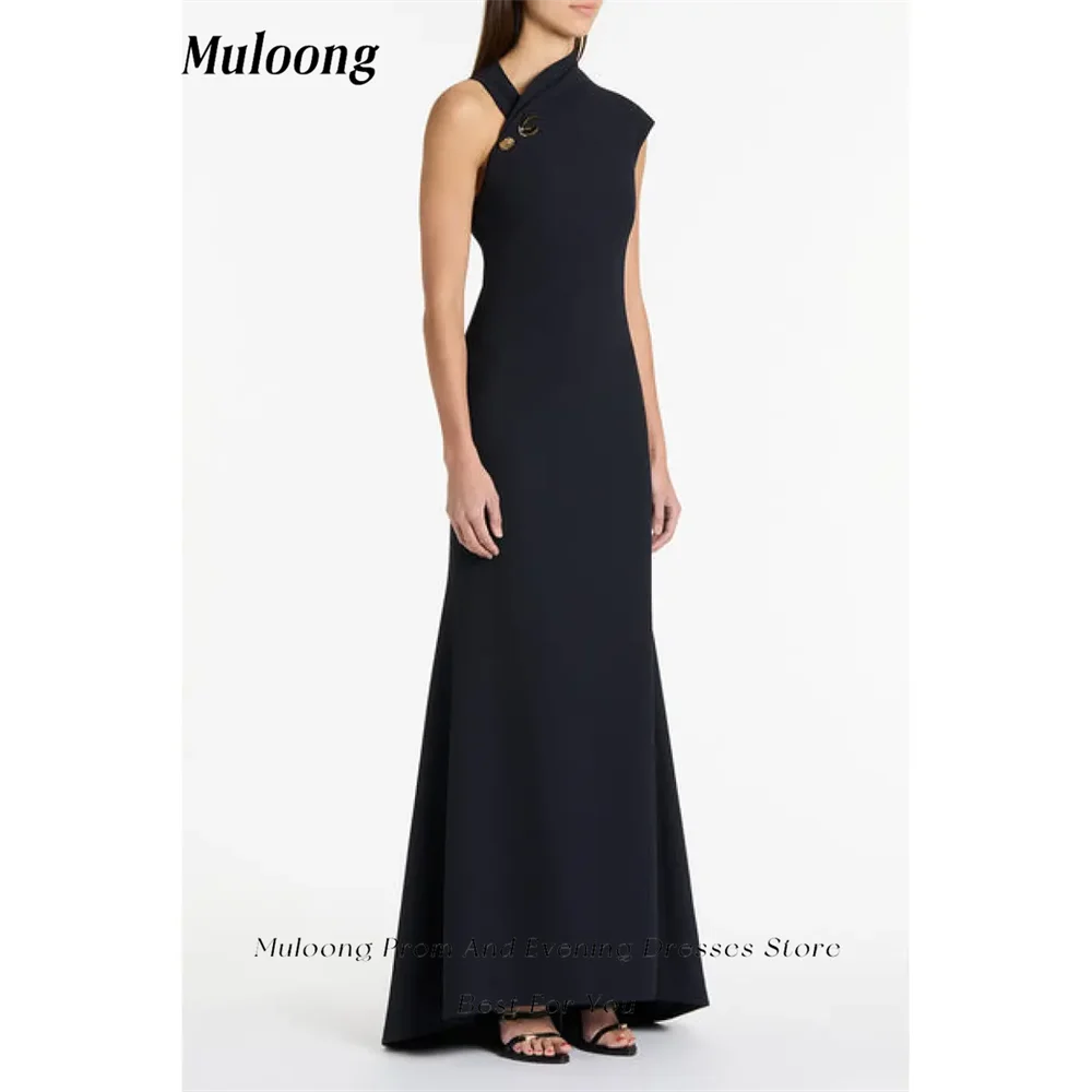 Muloong Black Satin Midi Dress Gold Button High Neck Mermaid Dress Classic Luxury Evening Dress Zipper up  Evening Dresses