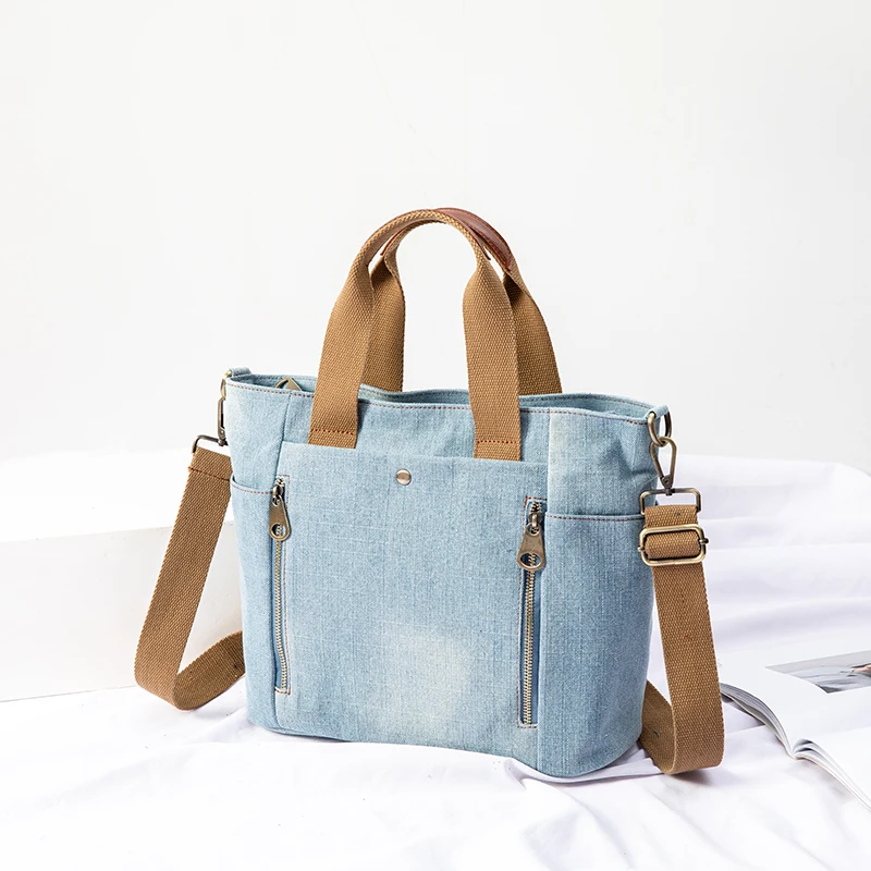 Commuting Women big tote Bags Denim female Handbag Large capacity Wide Strap Shoulder Bags Jeans Designer Female Travel bag blue