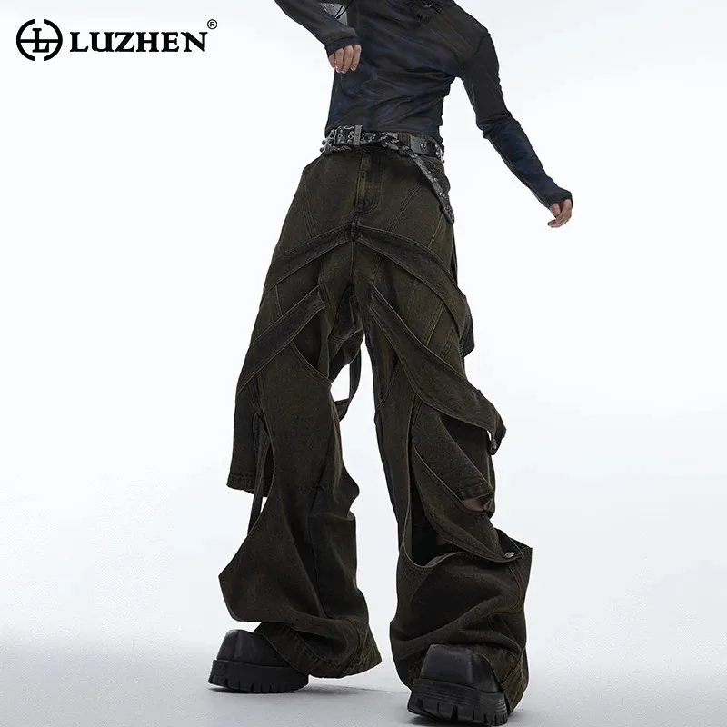 LUZHEN Asymmetric Patchwork Hollow Wornout Design Stylish Jeans Personalized Trendy Street High Quality Men's Denim Pants LZ6928