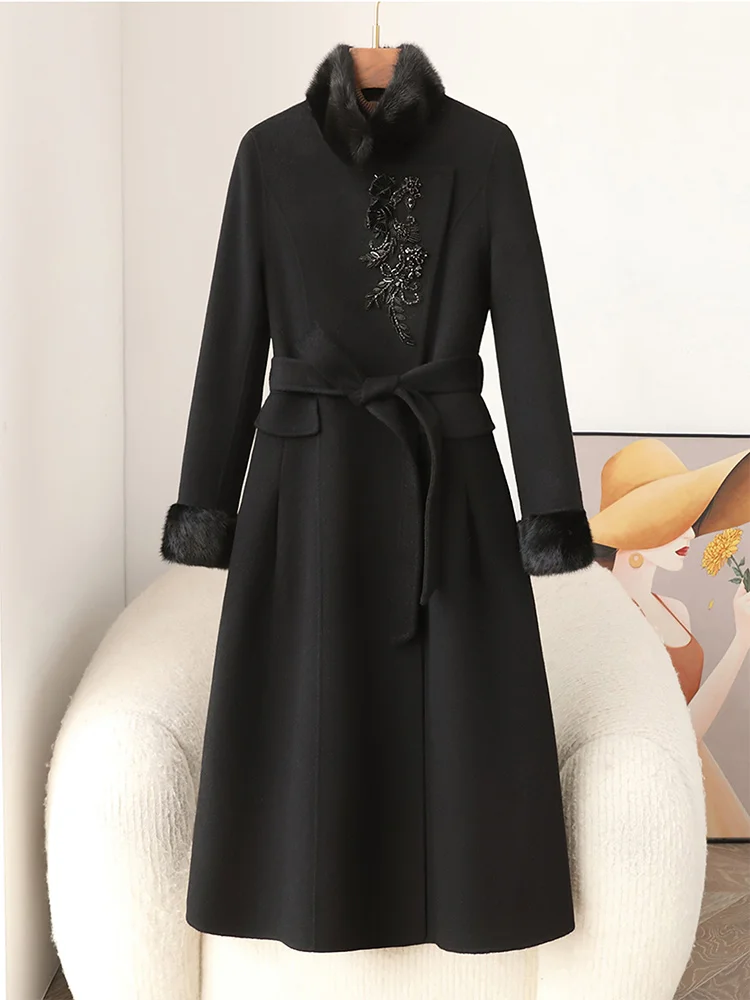 Chaqueta de invierno con puños y cuello de piel de visón Natural para mujer, abrigo de lana de Cachemira para mujer, ropa de calle con flores y perlas, abrigo de piel auténtica