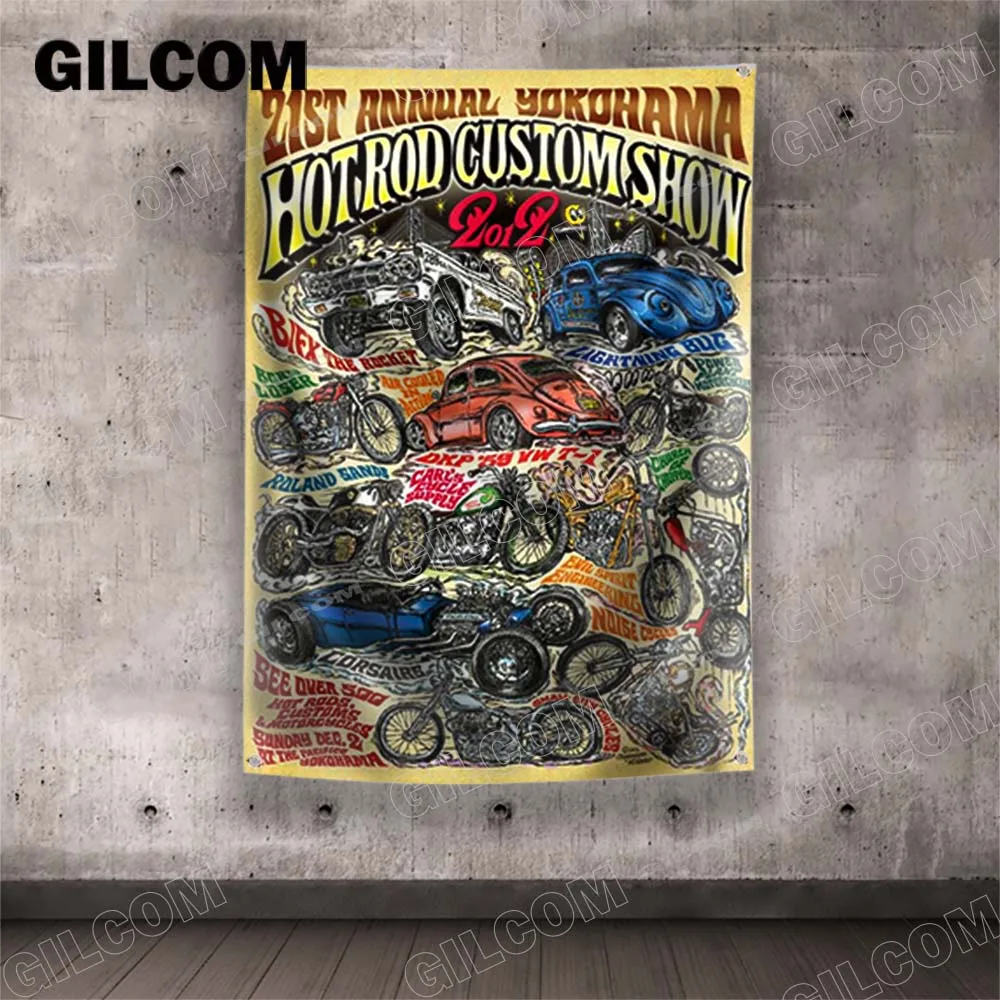 Flag Hot Road Custom Show Rockabilly  Music Home Poster Advertise Logo Sport Outdoor Club Digital Printing Banner Brass Grommet