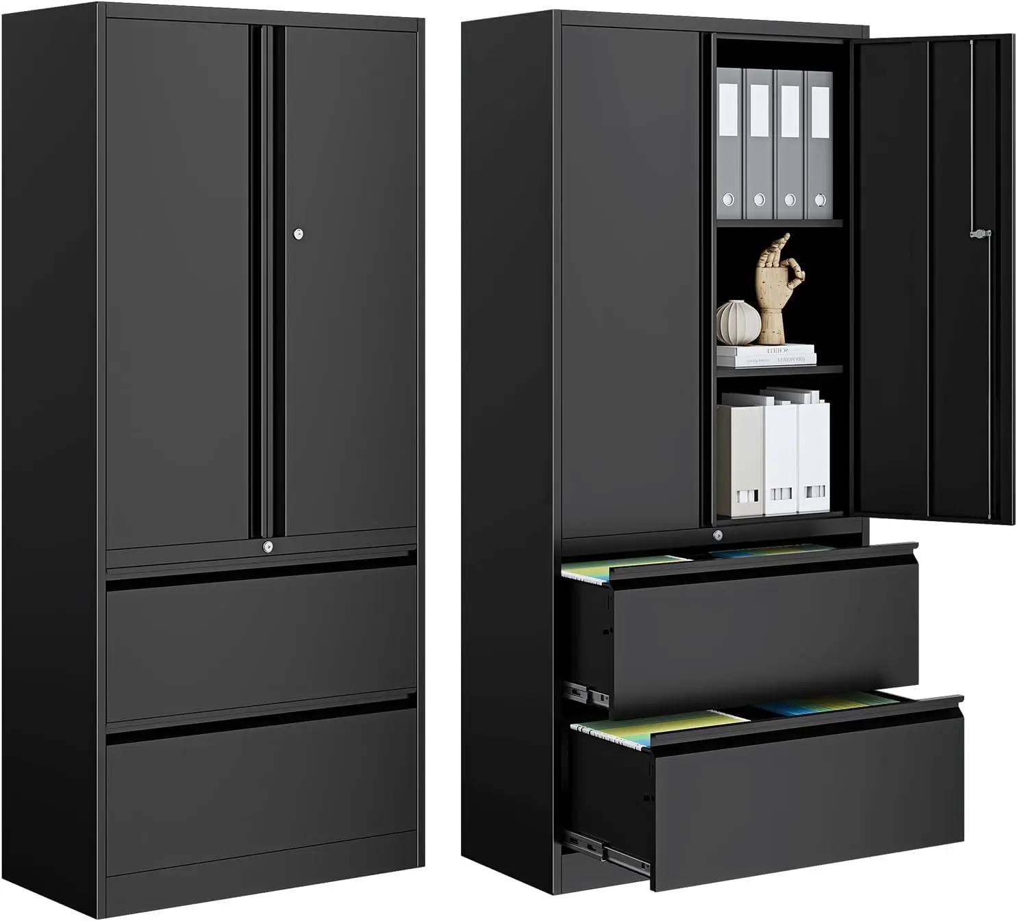 

2-Drawer Lockable Metal File Cabinet, Lateral/Vertical with Shelves, Fits Legal/Letter/A4,Home Office (Black, Assemble Required)