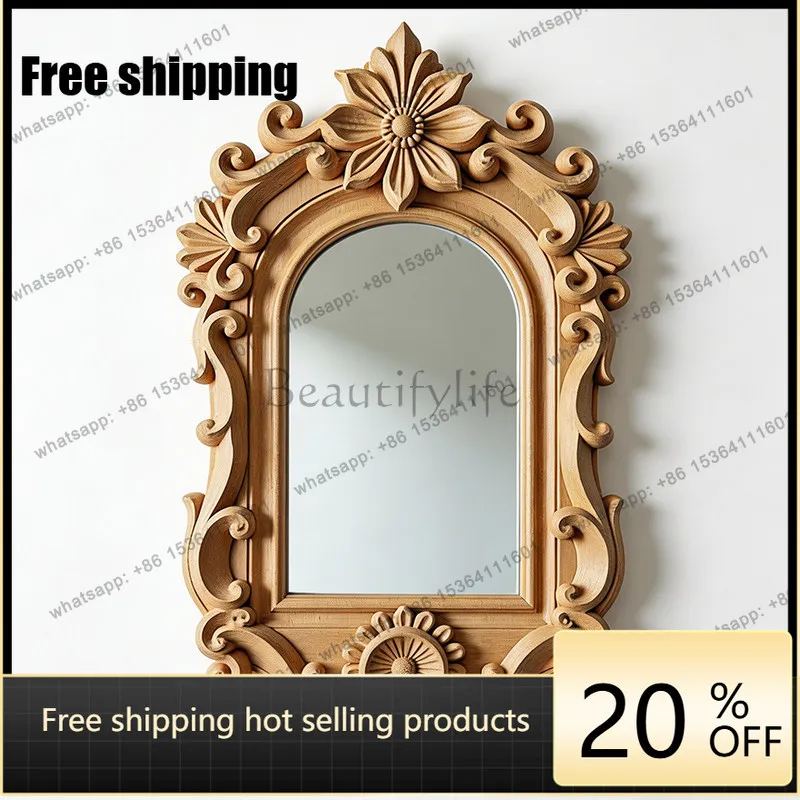 LD medieval log wind special-shaped desktop vanity mirror carved background wall decorative mirror