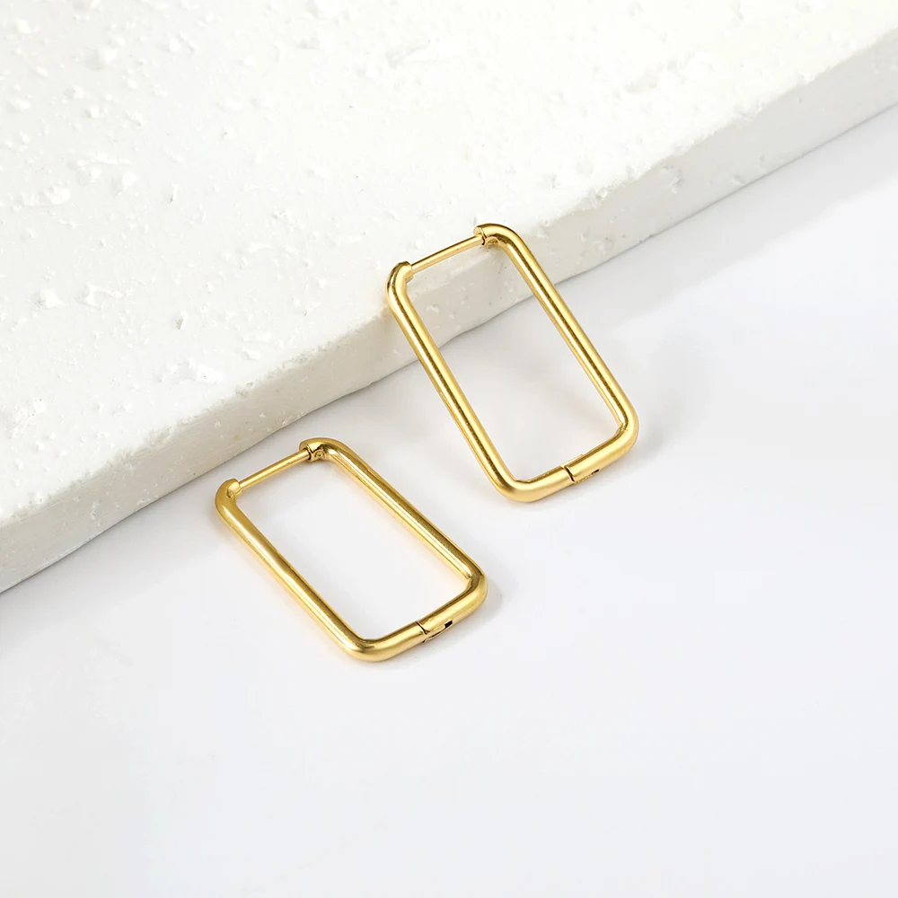 LUXUSTEEL Simple Rectangle U-Shaped Hoop Earrings For Women Men Golden Plated Stainless Steel Chunky Huggie Cartilage Earrings