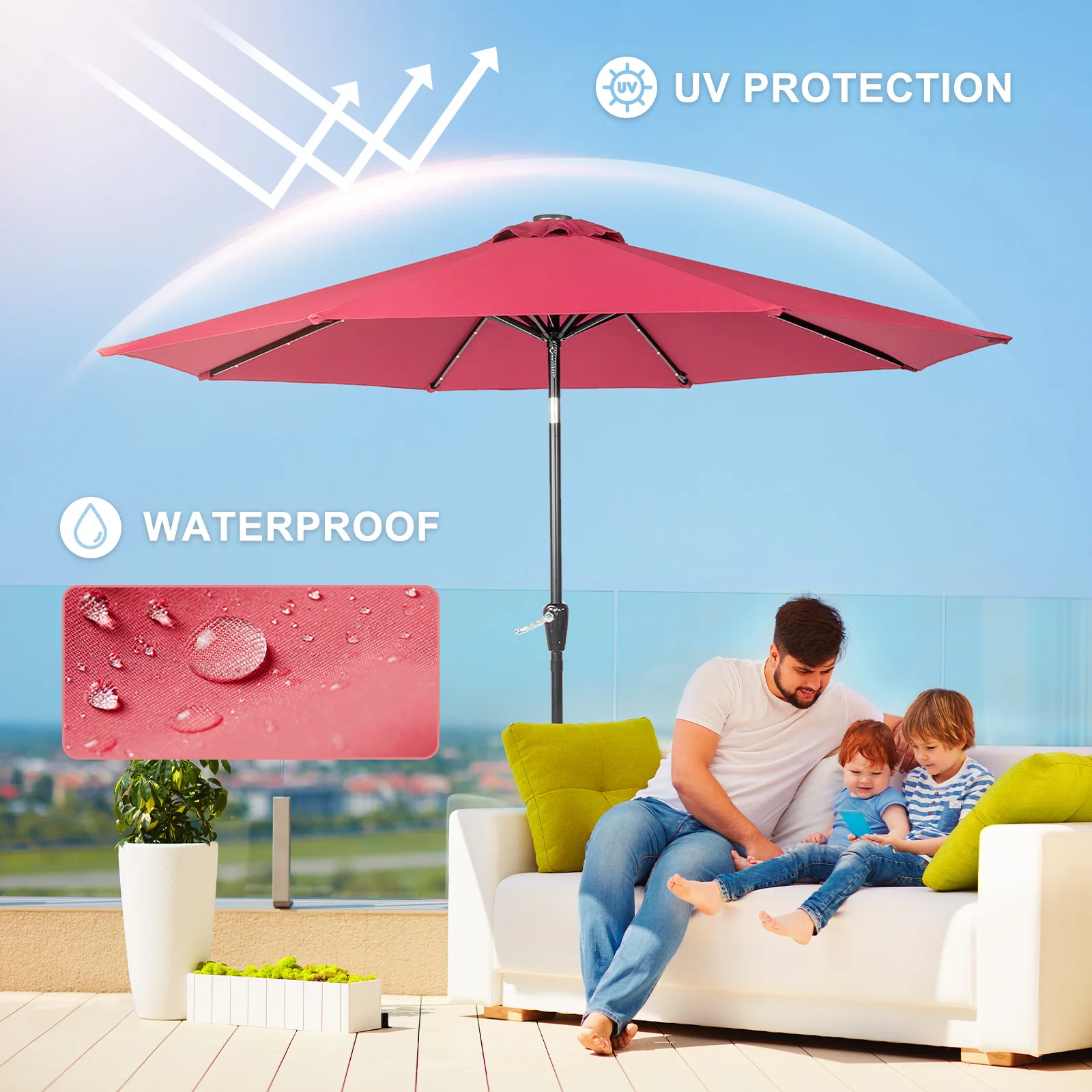 9FT Alloy Steel Wine Red Waterproof Folding Sunshade beach Umbrella with Light