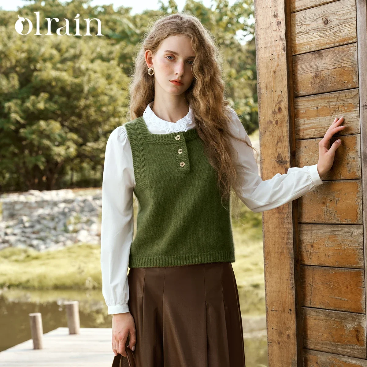 

OLrain Green Wool Blend Sweater Vest Vintage Straight Square Collar Sleeveless Chic Button Basic Knit Top 2025 Spring N56QJ93652